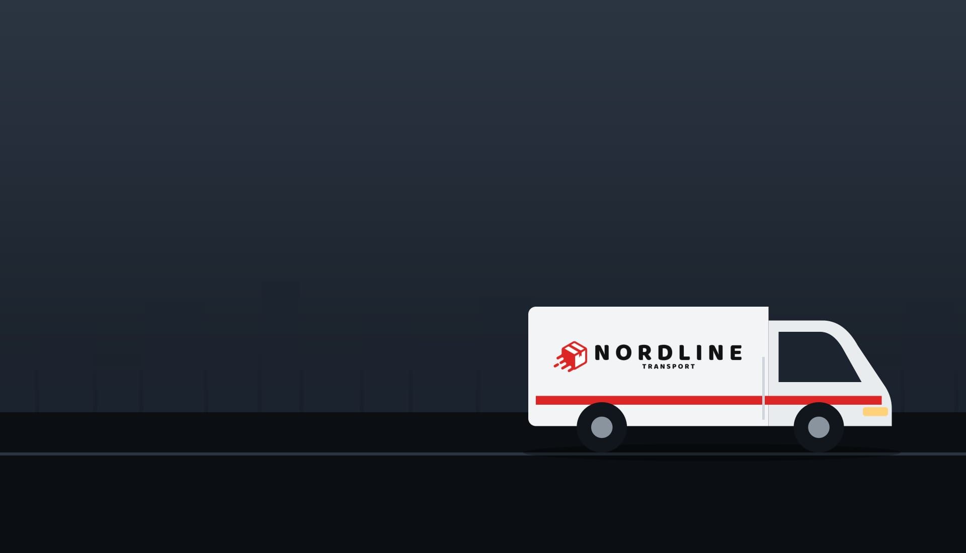 Hvit varebil med Nordline Transport-logo på veien i kveldslys